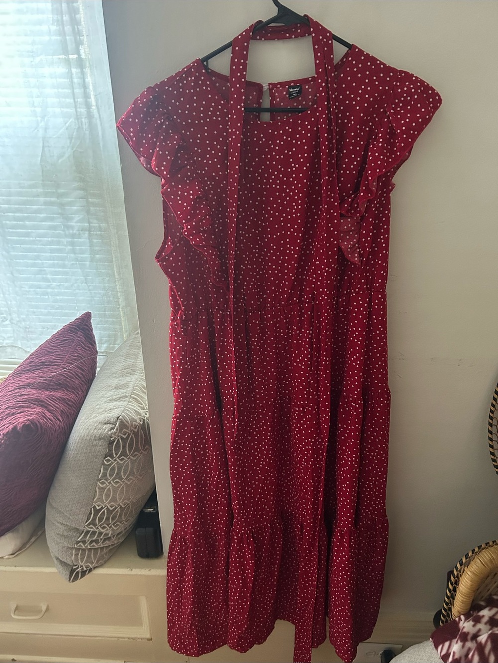 SHEIN Red Polka Dot Tie-Neck Midi Dress